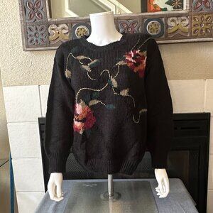 Vtg Carducci Womens Small Black Red Floral accent Wool blend Crew Neck Sweater